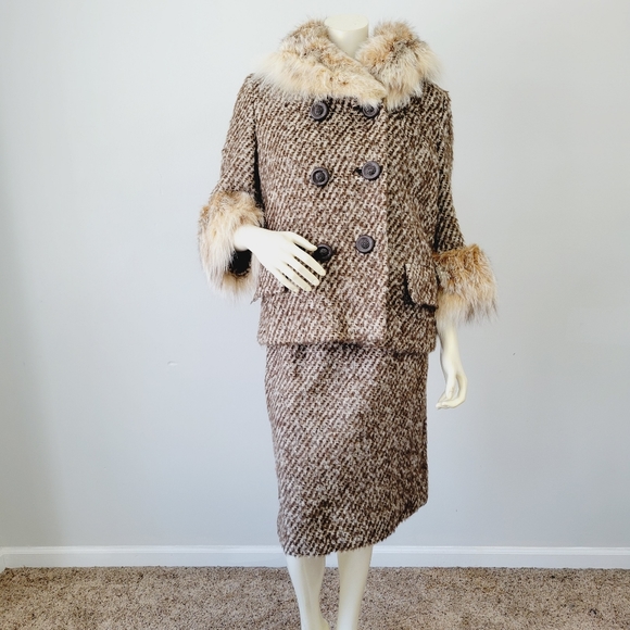 Vintage Jackets & Blazers - Vintage handmade wool fox fur 3 piece skirt coat set